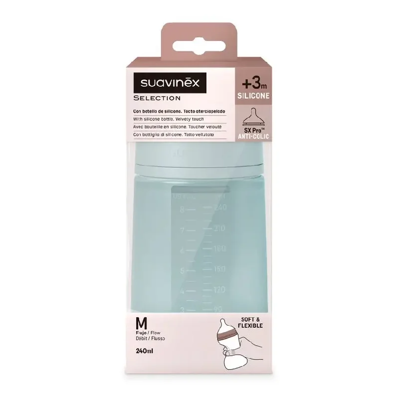 Biberon Din Silicon Sx Pro Colour Essence, Debit Mediu, Bleu, 240 Ml, Suavinex
