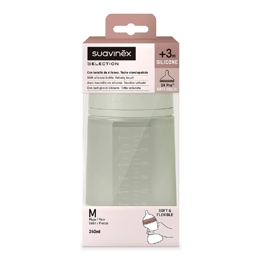 Biberon Din Silicon Sx Pro Colour Essence, Debit Mediu, Verde, 240ml, Suavinex