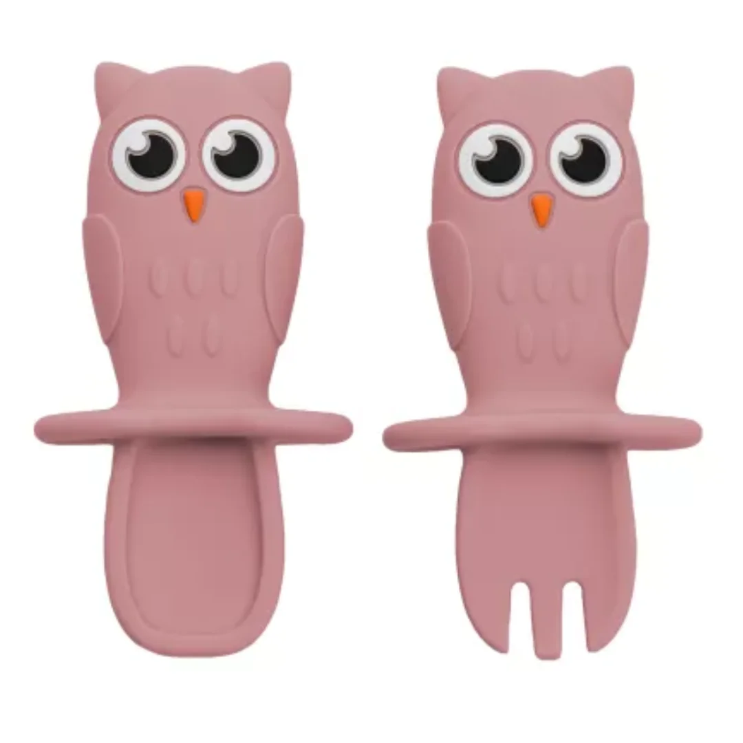 Set Tacamuri Din Silicon Bufnita, 6 Luni+, Old Rose, Appekids