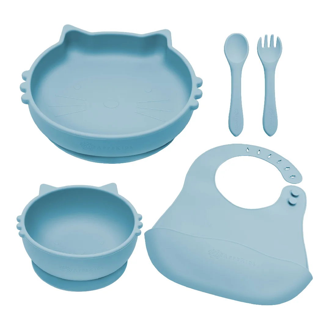 Set Pentru Diversificare Din Silicon Kitty, 6 Luni+, Aqua Blue, Appekids