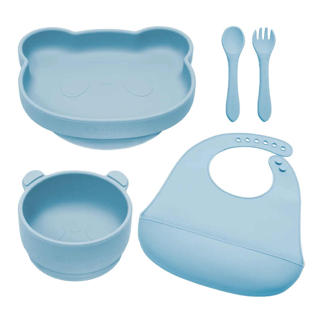 Set Pentru Diversificare Din Silicon Panda, 6 Luni+, Aqua Blue, Appekids