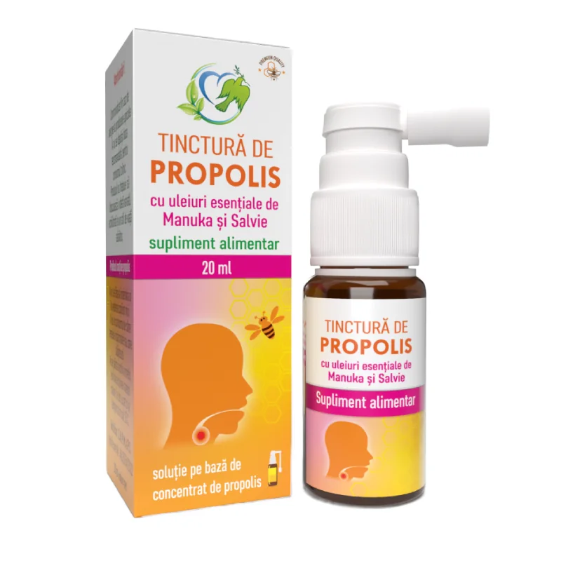 Tinctura De Propolis Cu Uleiuri Esentiale De Manuka Si Salvie, 20 Ml, Justin Pharma