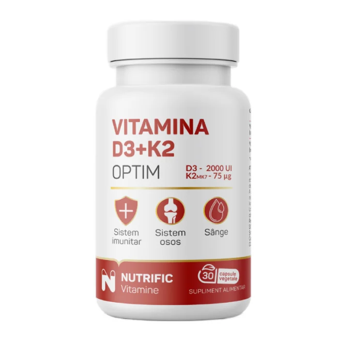 Vitamina D3 2000UI Si K2 75Mcg Optim, 30 Capsule, Nutrific