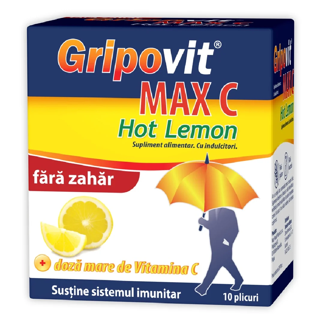 Gripovit Max C Hot Lemon Fără Zahăr, 10 Plicuri, Zdrovit