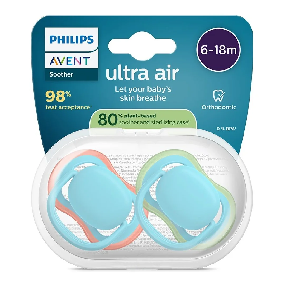 Suzete Ultra Air, 6-18 Luni, SCF087/10, Albastru/Verde, 2 Bucăți, Philips Avent
