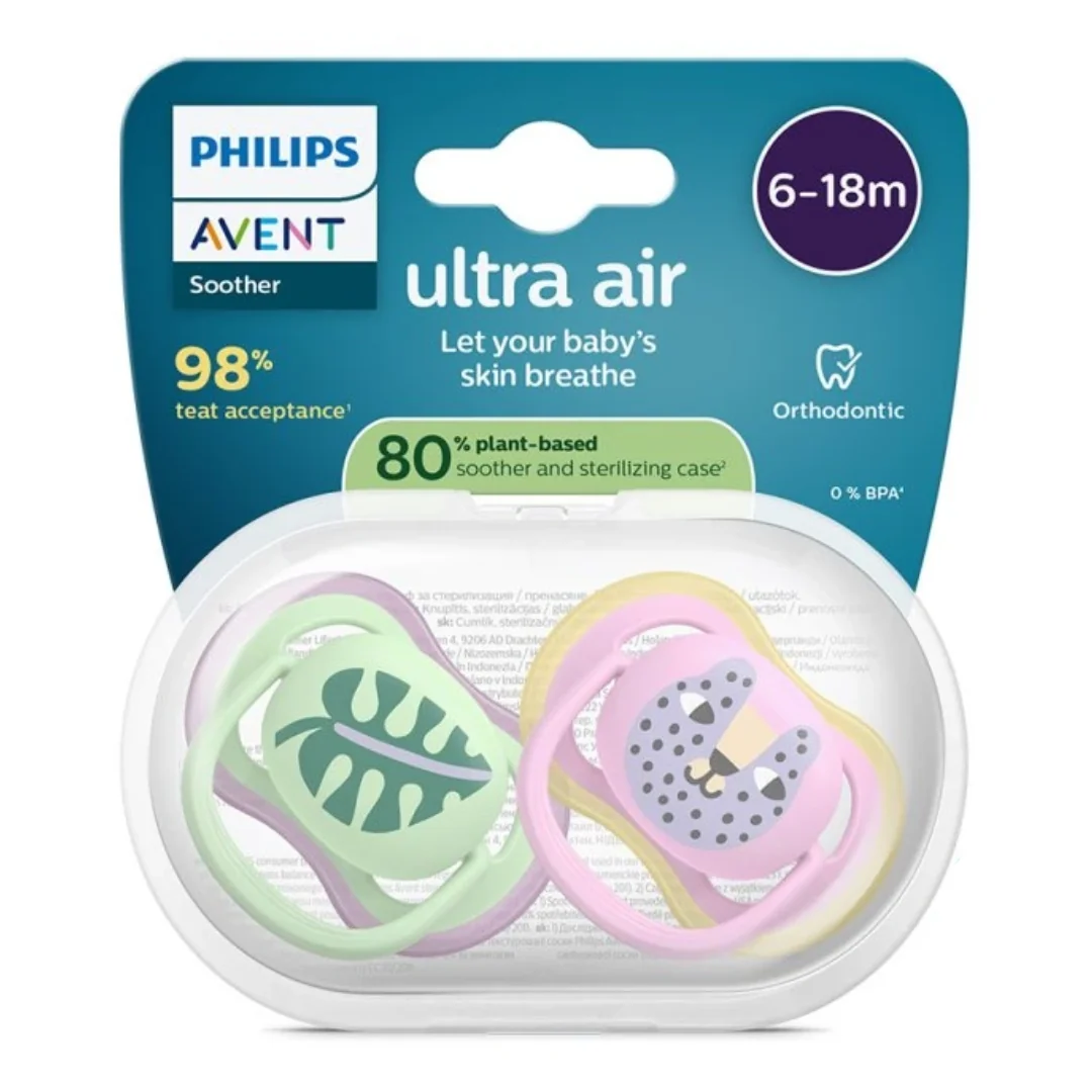 Suzete Ultra Air, 6-18 Luni, SCF087/13, Pisică/Frunză, 2 Bucăți, Philips Avent