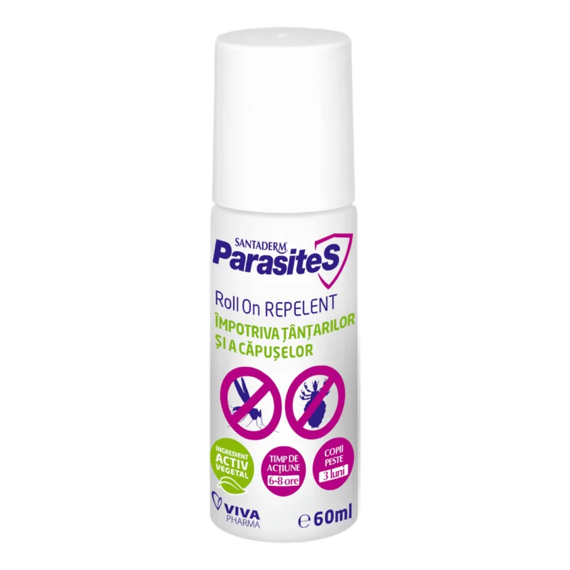 Roll On Repelent Împotriva Tantarrilor Și Căpușelor Parasites Santaderm, 60 Ml, Viva Pharma
