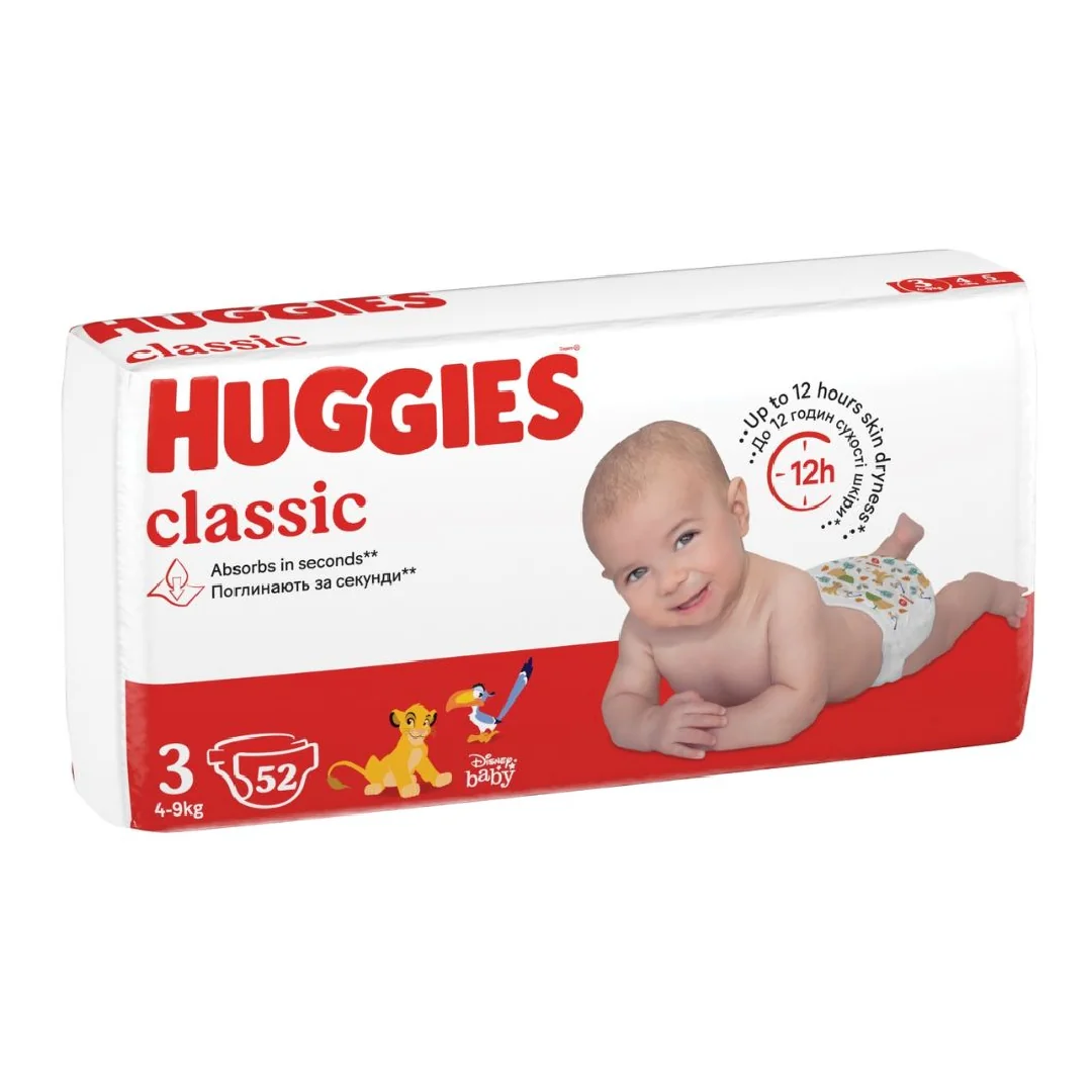 Scutece Classic Jumbo, Nr. 3, 4-9 Kg, 52 Bucăți, Huggies