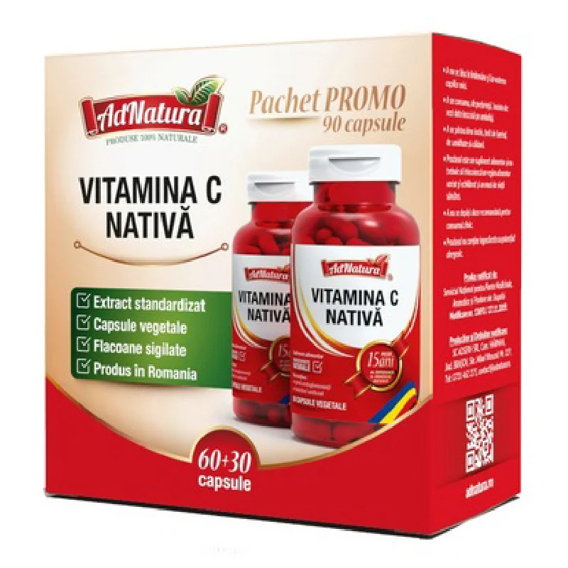 Pachet Vitamina C Nativa, 60+30 Capsule, ADNATURA