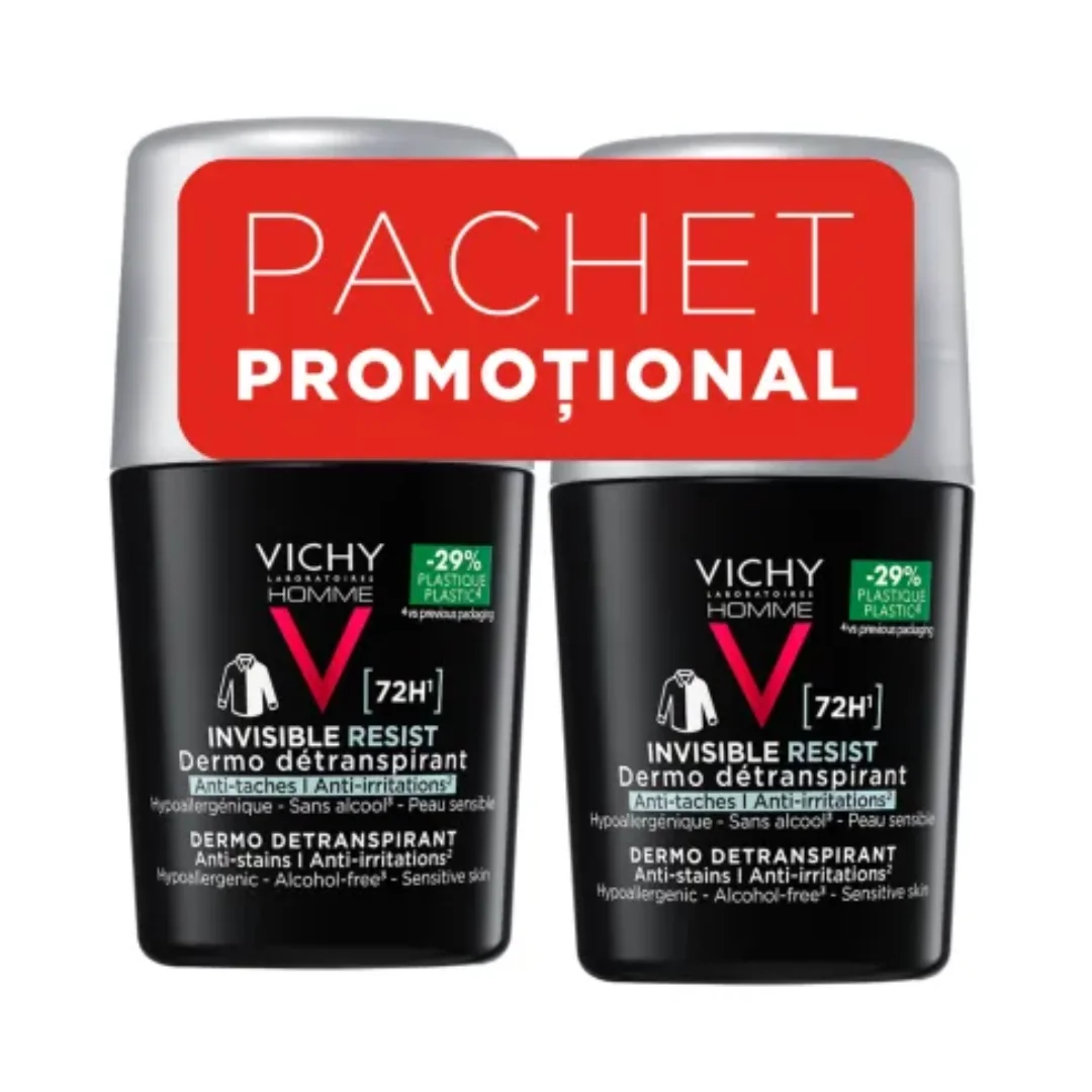 Pachet Deodorant Roll-On Antiperspirant Pentru Bărbați Invisible Resist 72H, 50 Ml + 50 Ml, Vichy