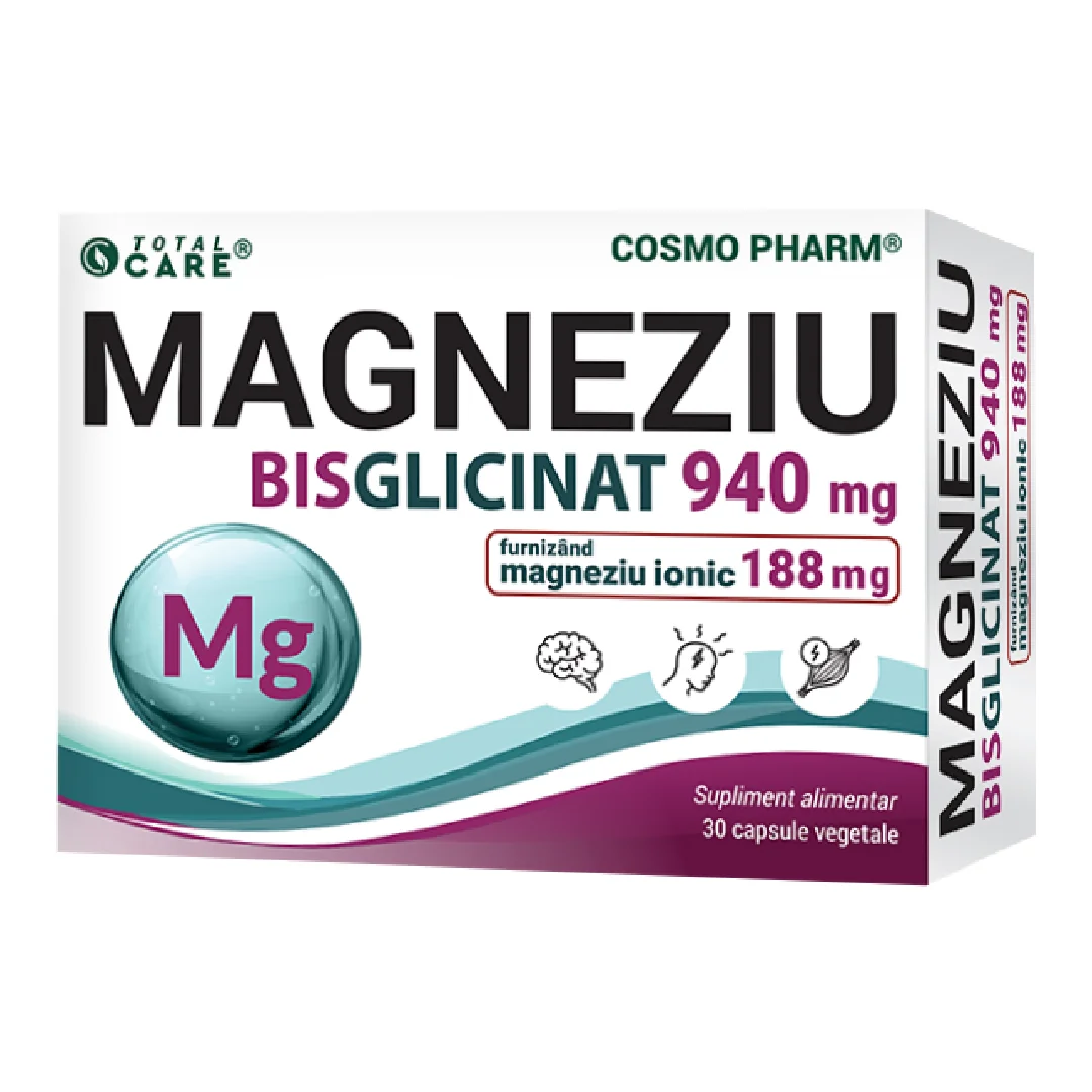 Magneziu Bisglicinat, 940 Mg, 30 Capsule Vegetale, CosmoPharm