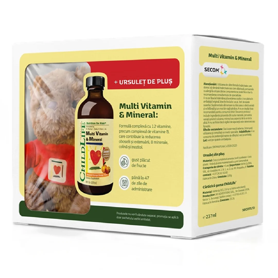 Pachet Multivitamine Si Minerale Pentru Copii Childlife Essentials, 237 Ml + Ursulet De Plus, Secom