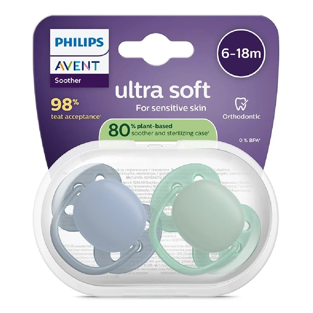 Suzete Ultra Soft, 6-18 Luni, SCF091/42, Albastru/Verde, 2 Bucăți, Philips Avent