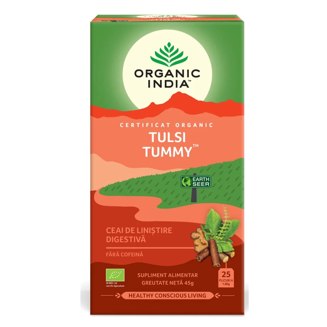 Organic India Ceai Digestiv Tulsi (Busuioc Sfant) Tummy Cu Ghimbir, Plante Savuroase Si Condimente