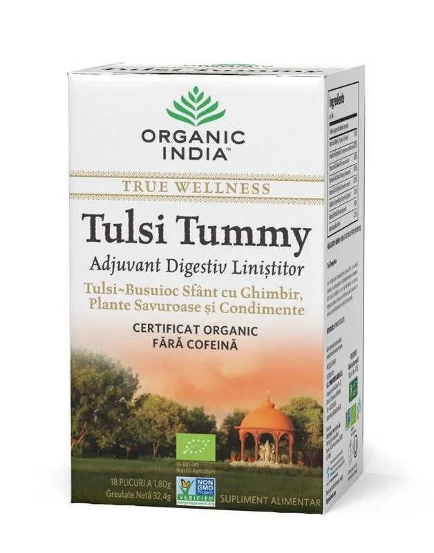 Organic India Ceai Digestiv Tulsi (Busuioc Sfant) Tummy Cu Ghimbir, Plante Savuroase Si Condimente