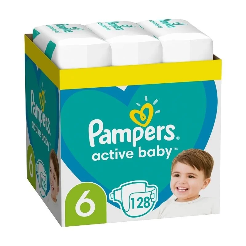 Scutece Active Baby, Marimea 6 Extra Large, 13-18 Kg, 128 Bucati, PAMPERS