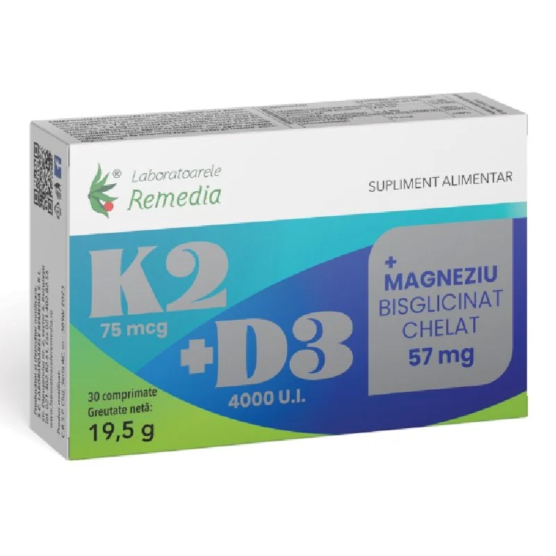 K2+D3+Mg Bisglicinat Chelat, 2*15 Comprimate Filmate, Remedia