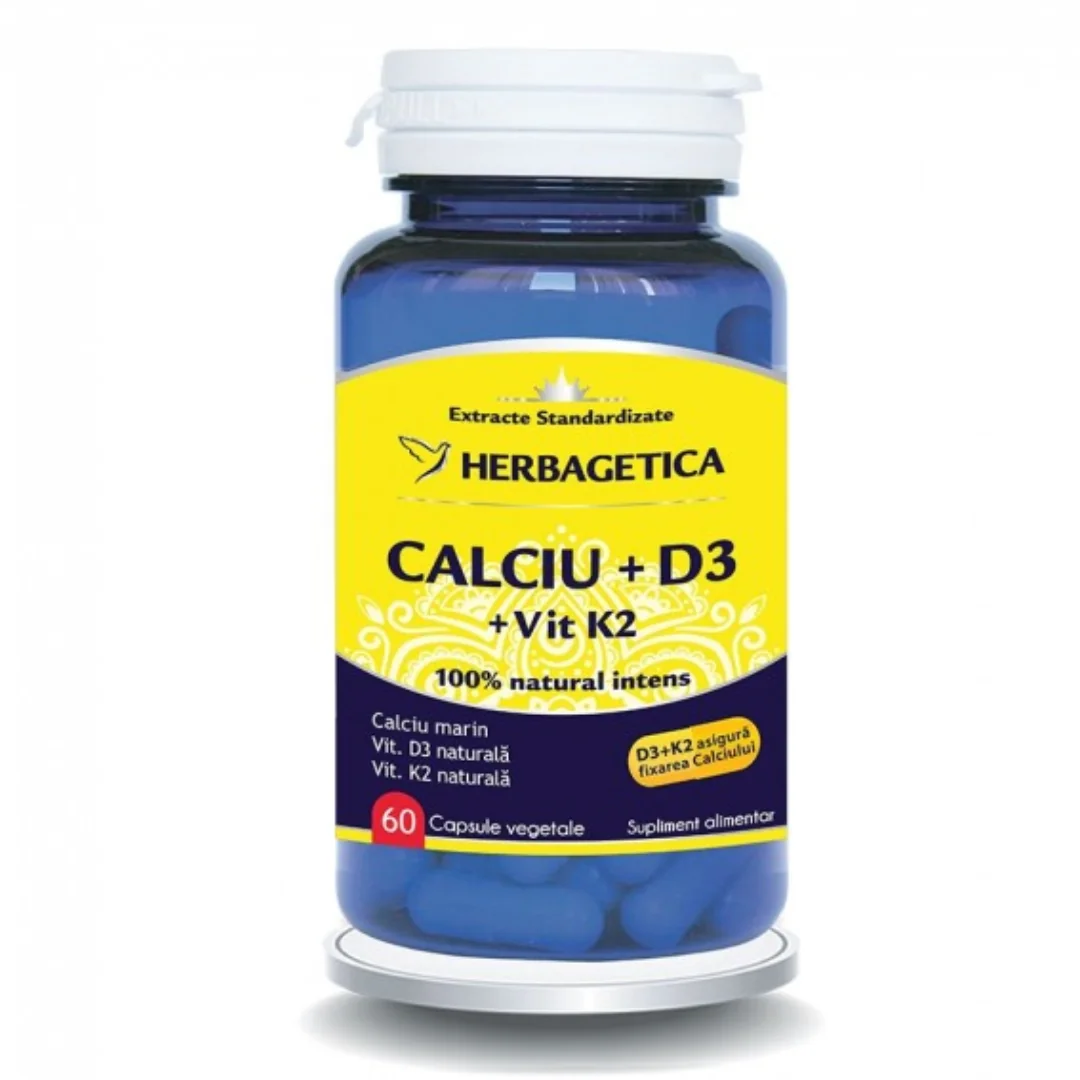 Calciu + D3 + Vitamina K2, 60 Capsule, Herbagetica