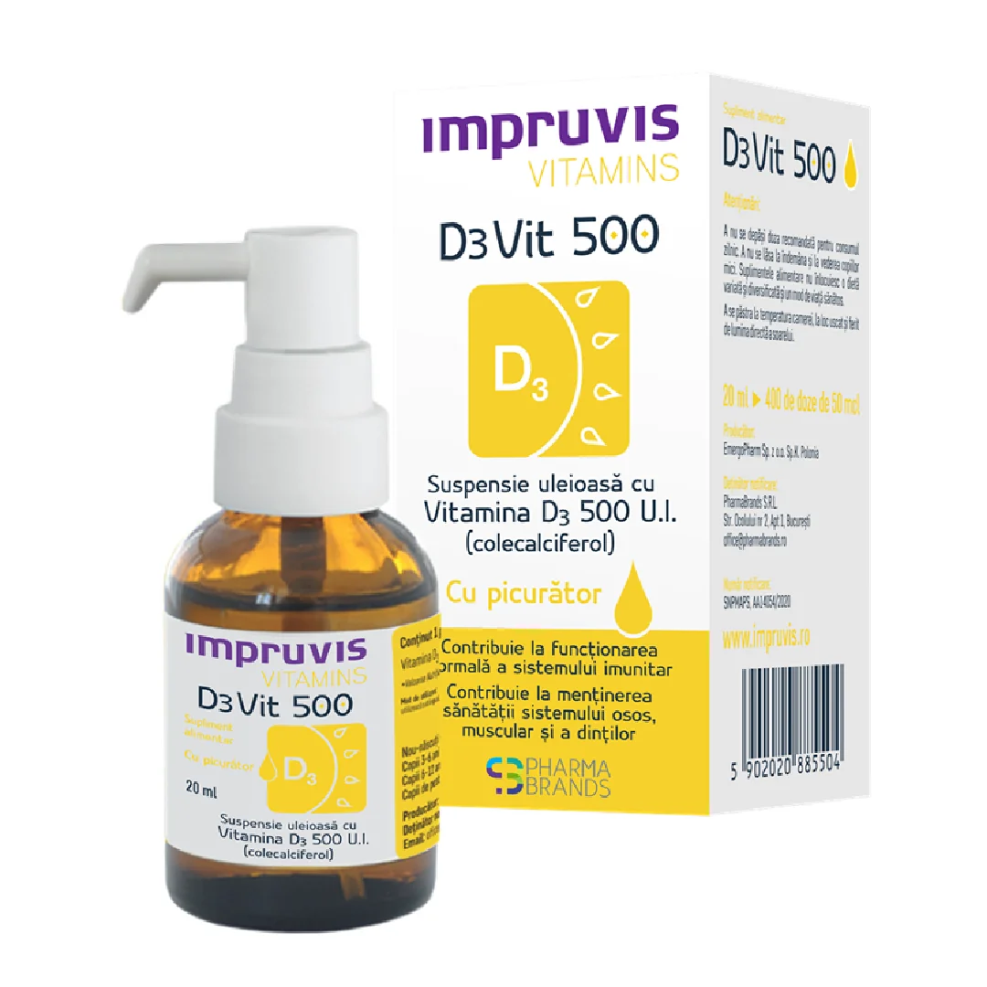 Suspensie Uleioasa Cu Vitamina D3 500UI Cu Picurator, D3vit 20 Ml, Impruvis