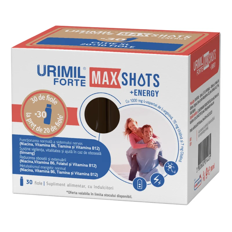 Pachet Urimil Forte Max Shots +Energy, 30 Fiole, Naturpharma