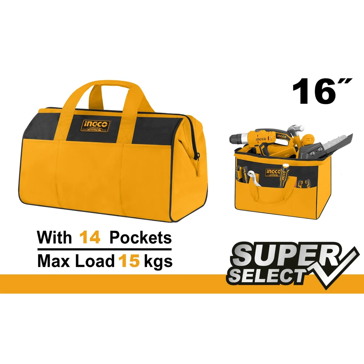 Geanta scule unelte 14 buzunare, 15KG 400x215x280 mm, Ingco HTBG281628