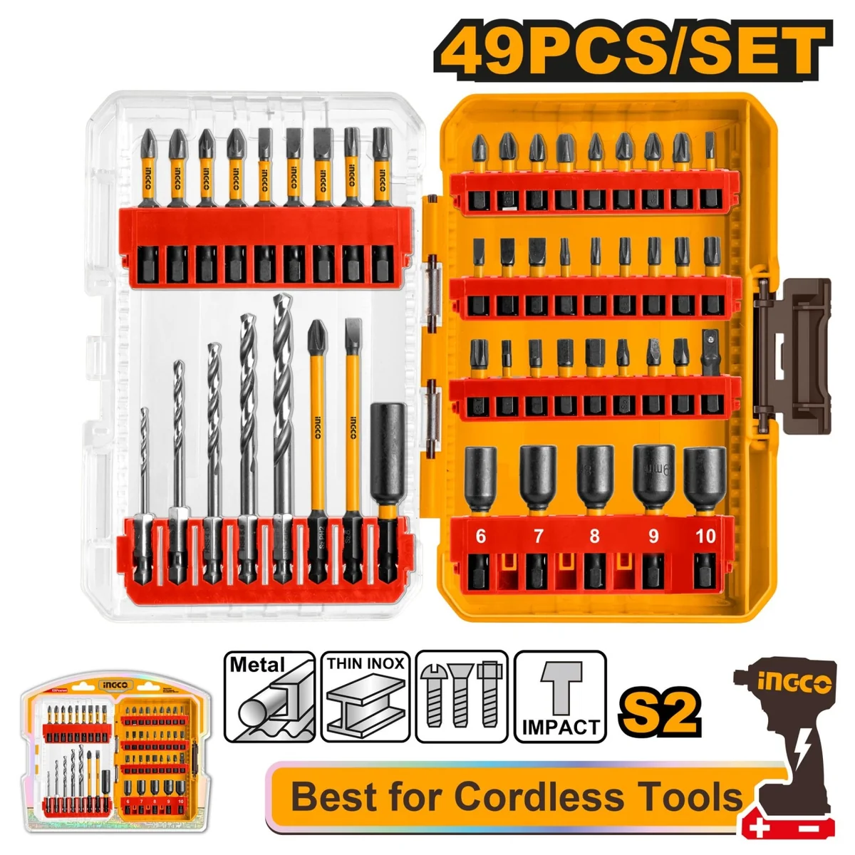 Set biti si burghie impact 49 buc, pentru scule cu acumulator, INGCO AKDL24906