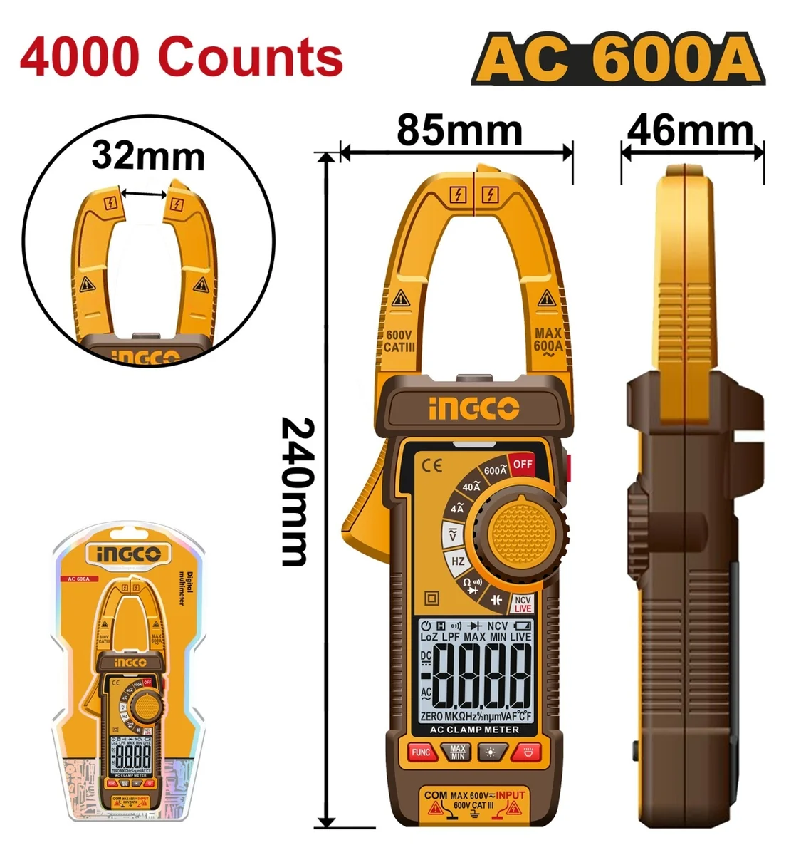 Clampmetru Digital Profesional AC 600A INGCO DCM66001, TRMS 4000 counts, 600V, NCV, LowZ, frecventa 4MHz, Data Hold, lanterna