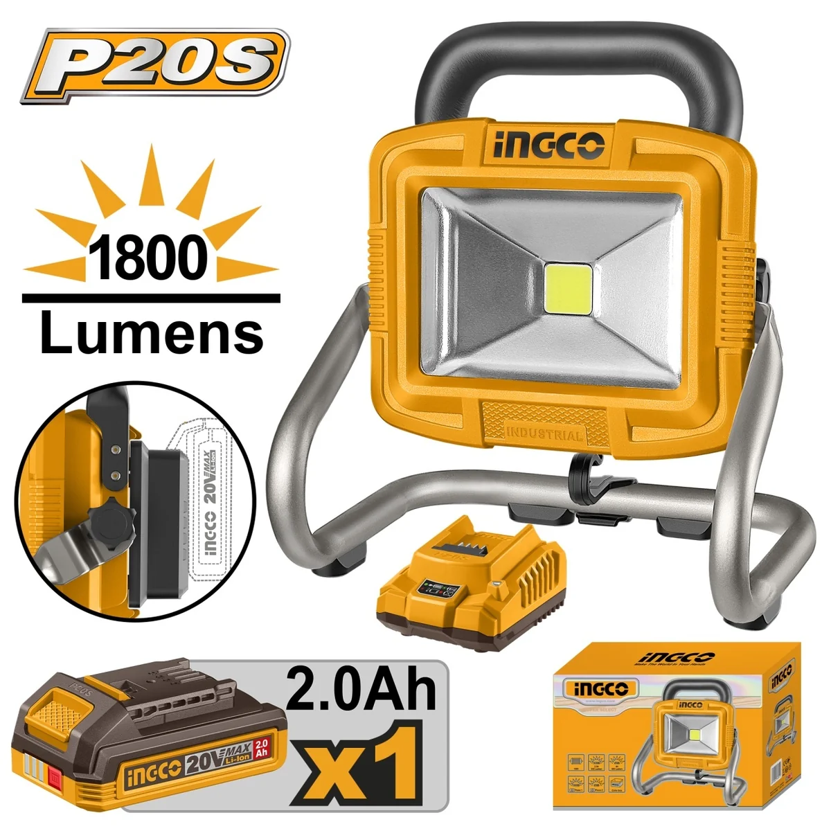 Proiector LED 20V 20W 1800 Lumeni cu Acumulator 2.0Ah si Incarcator CWLI20258 – lampa de lucru profesionala cu 2 moduri iluminare