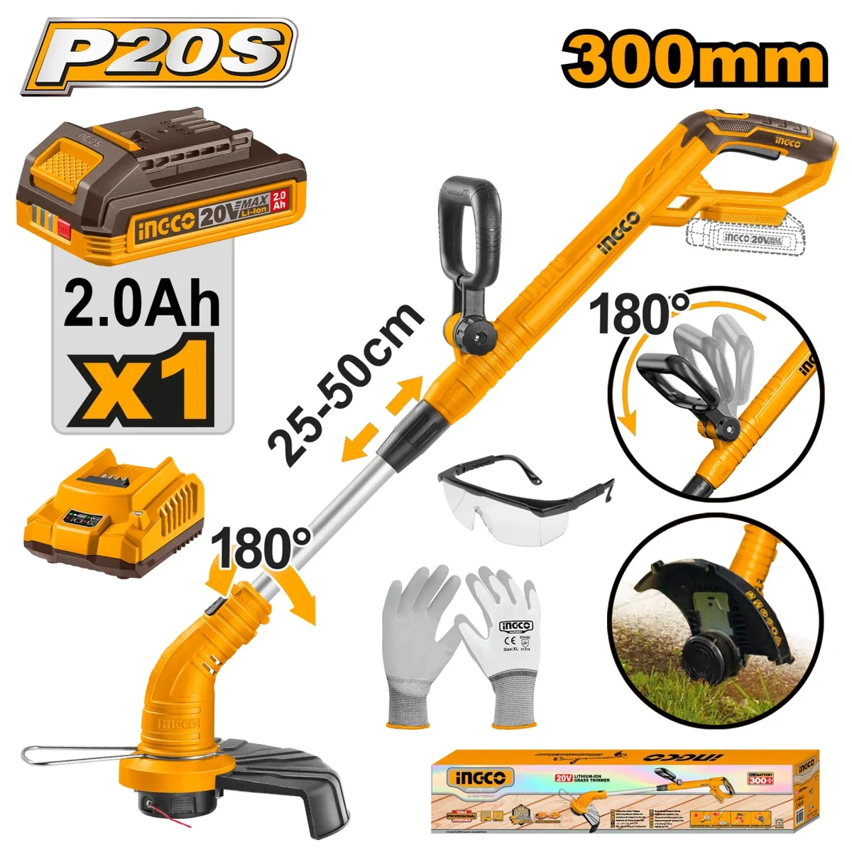 Motocoasa Electrica 20V CGTLI20301E – 8200 rpm, Diametru Taiere 300mm, Fir 1.6mm, Functie Edging, Acumulator 2.0Ah + Incarcator + Kit Protectie