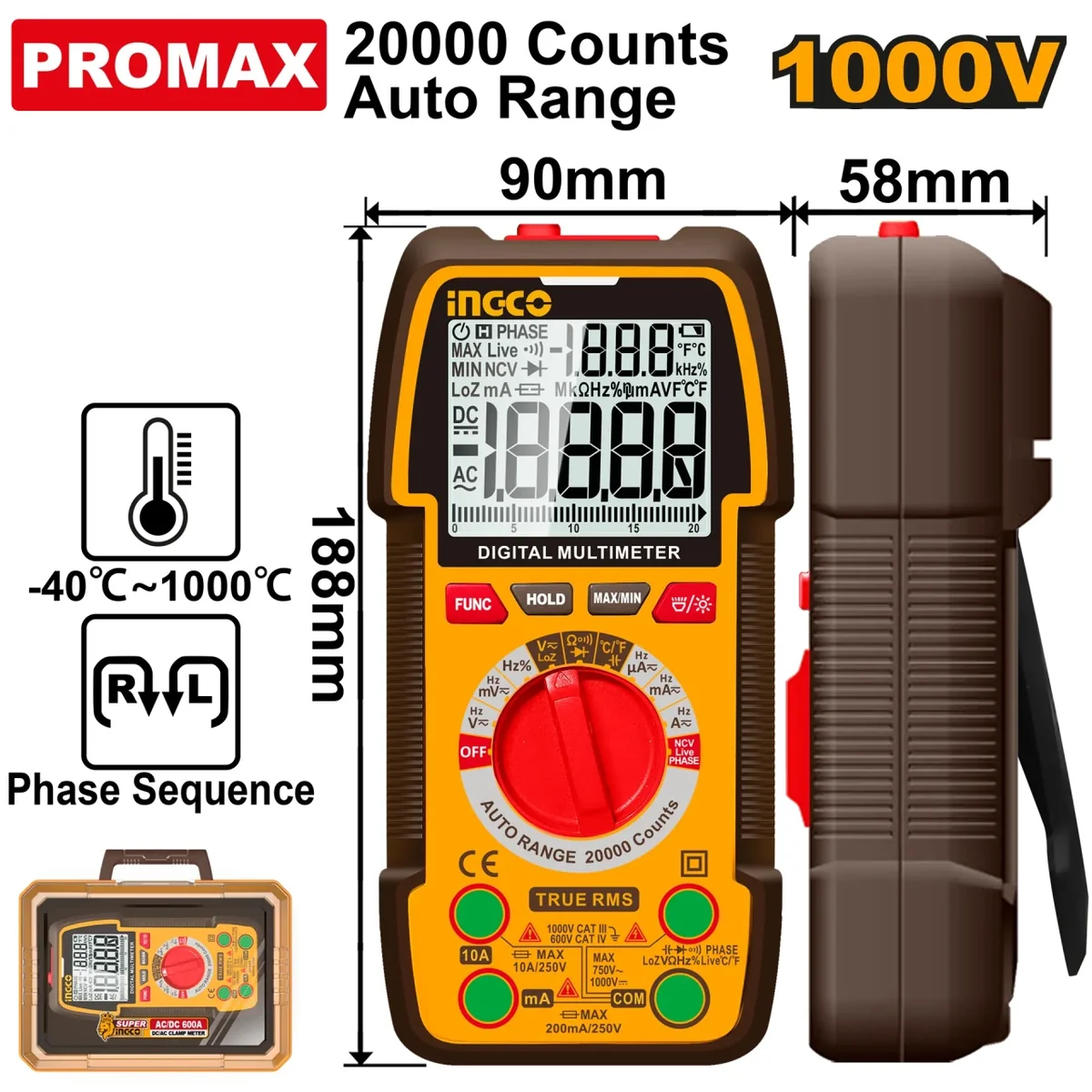 Multimetru Digital Profesional DM410003 – TRU RMS 20000 Puncte, 1000V DC / 750V AC, 10A, Auto Range, Masurare Temperatura -40°C~1000°C, NCV, LowZ