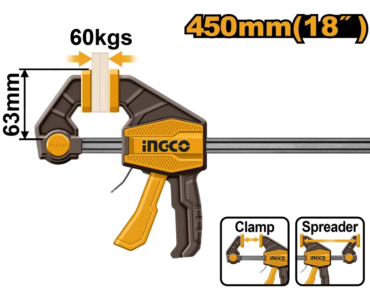 Presa Fixare Rapida Tip F HQBC01603 – 63x450 mm, Forta Strangere 60 kg, Bara Otel 5x18 mm, Clema Profesionala Tamplarie