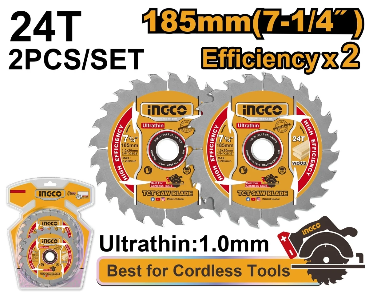 Set 2 Discuri Widia Lemn 185mm Ultra Subtire 1.0mm 24T INGCO TSB1853, alezaj 20mm cu inel reductie 16mm, pentru fierastrau circular pe acumulator