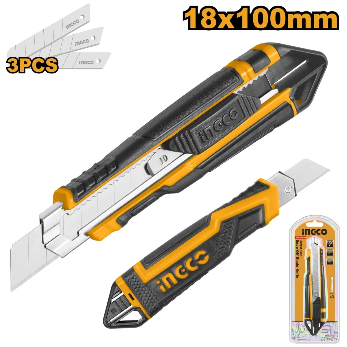 Cutter Plastic cu Maner Cauciuc, Lama 18 mm x 100 mm, 3 Lame SK5 Incluse, Lungime 169 mm, Buton Plat de Impingere HKNS16538
