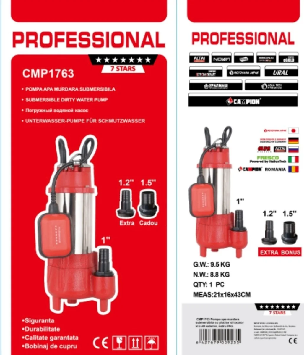 Pompa apa murdara submersibila cu plutitor si tocator CMP1763 V2500T – 2500W, debit 20 m3/h, set racorduri incluse