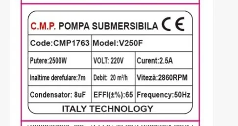 Pompa apa murdara submersibila cu plutitor si tocator CMP1763 V2500T – 2500W, debit 20 m3/h, set racorduri incluse