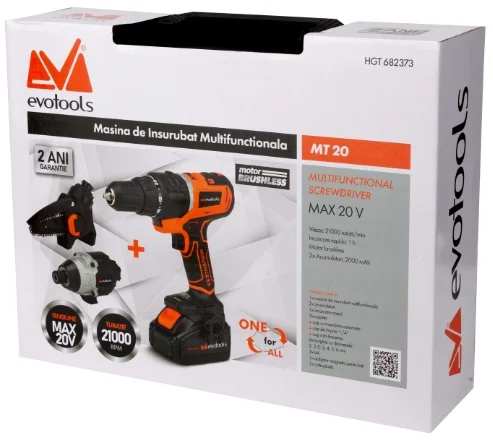 Masina de insurubat multifunctionala MT20 brushless 20V 2 acumulatori 2Ah 3 capete mandrina 13 mm impact 200 Nm mini ferastrau 100 mm EvoTools 682373