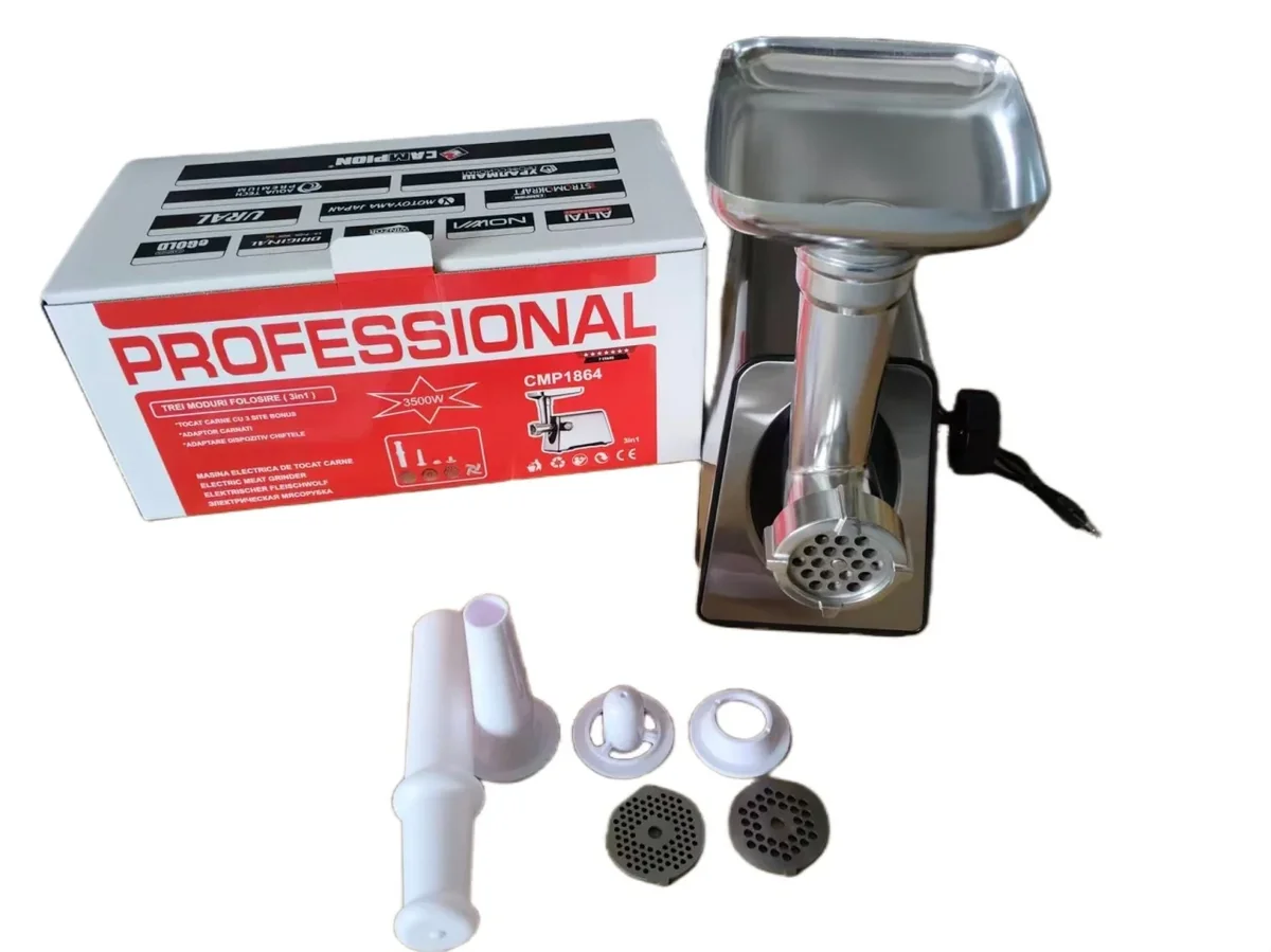 Masina de tocat carne INOX, 3500W, functie reverse, 3 in 1 cu adaptor chiftele, carnati CAMPION PROFESSIONAL