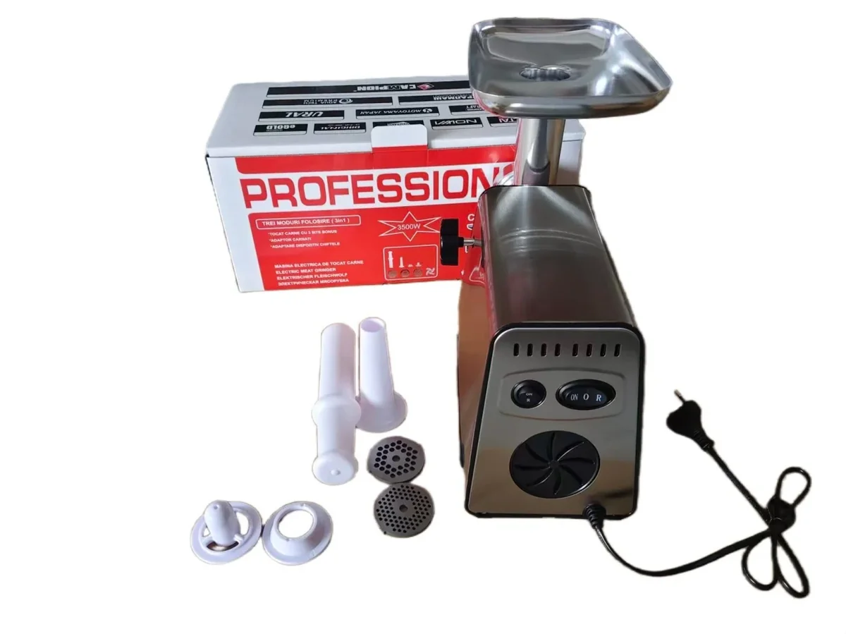 Masina de tocat carne INOX, 3500W, functie reverse, 3 in 1 cu adaptor chiftele, carnati CAMPION PROFESSIONAL