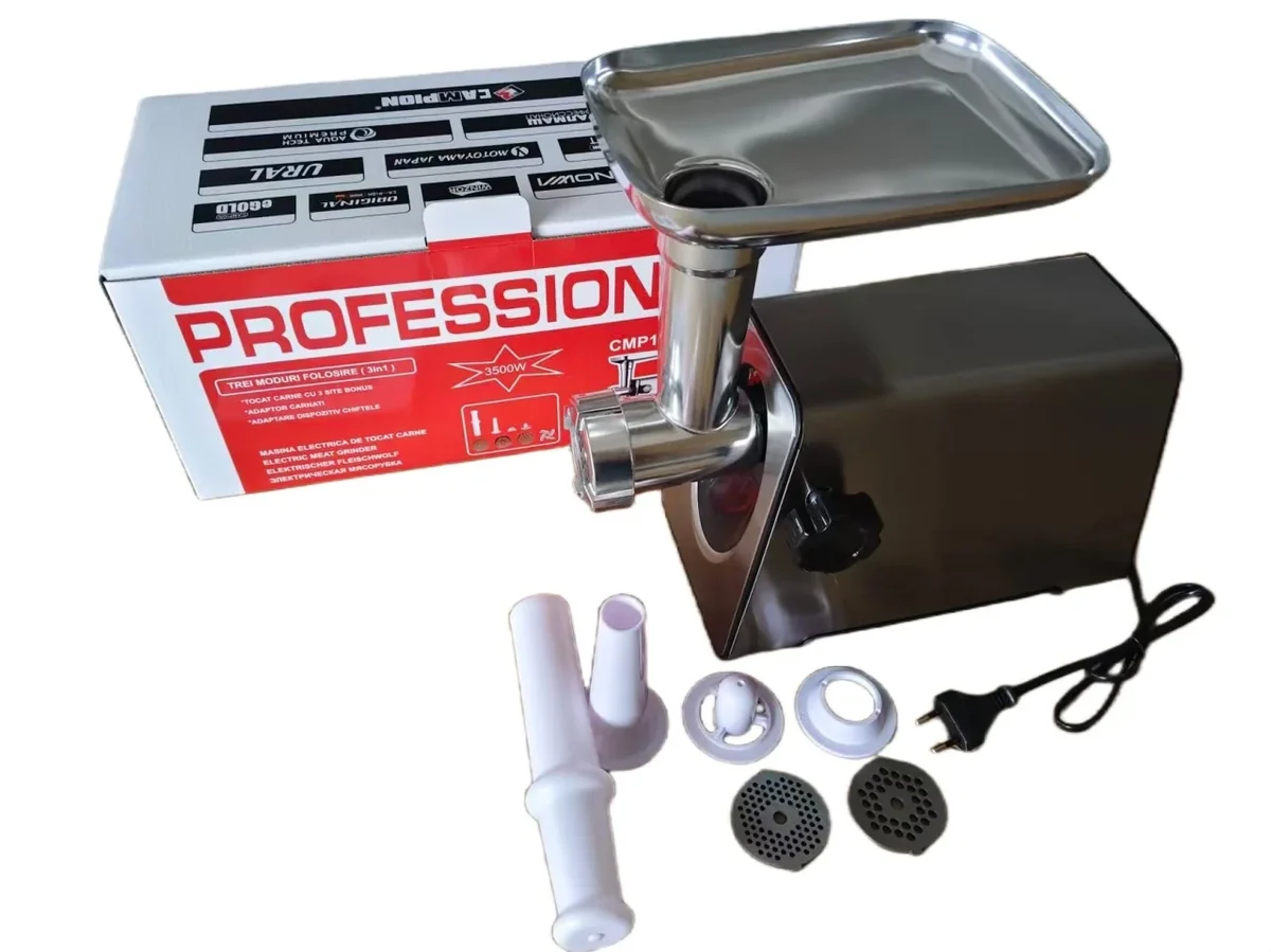 Masina de tocat carne INOX, 3500W, functie reverse, 3 in 1 cu adaptor chiftele, carnati CAMPION PROFESSIONAL