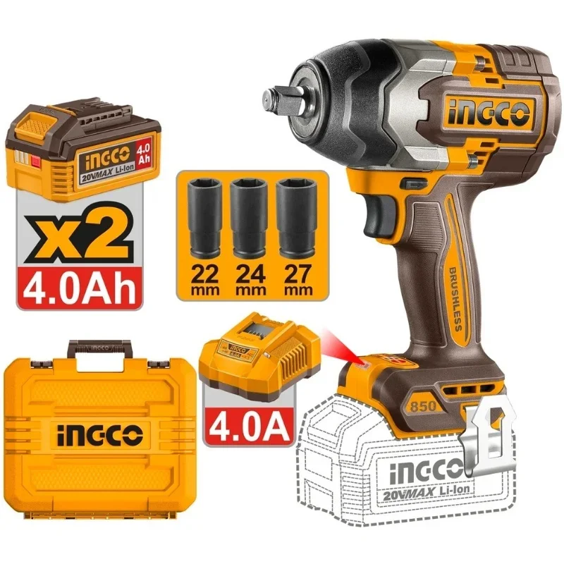 Filetanta cu impact INGCO CIWLI2085E, 20V, Brushless, 1/2”, 850Nm, desfacere 1000Nm, 3 trepte viteza, LED, 2 acumulatori 4Ah, incarcator, tubulare si cutie transport
