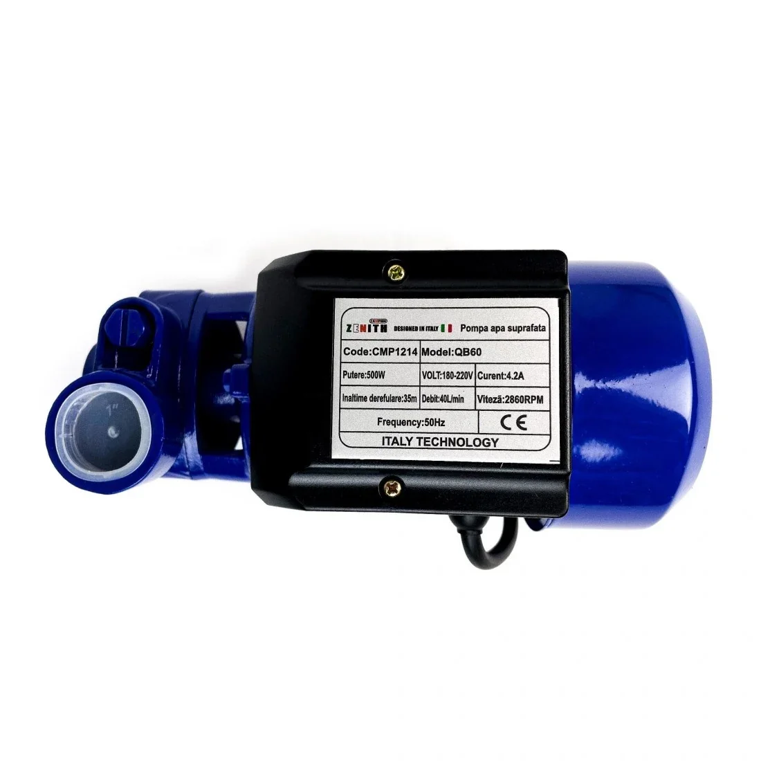 Pompa de apa de suprafata QB60, 500W, 40 l/min, refulare 35 m, corp din fonta, bobinaj 100% cupru – CMP1214