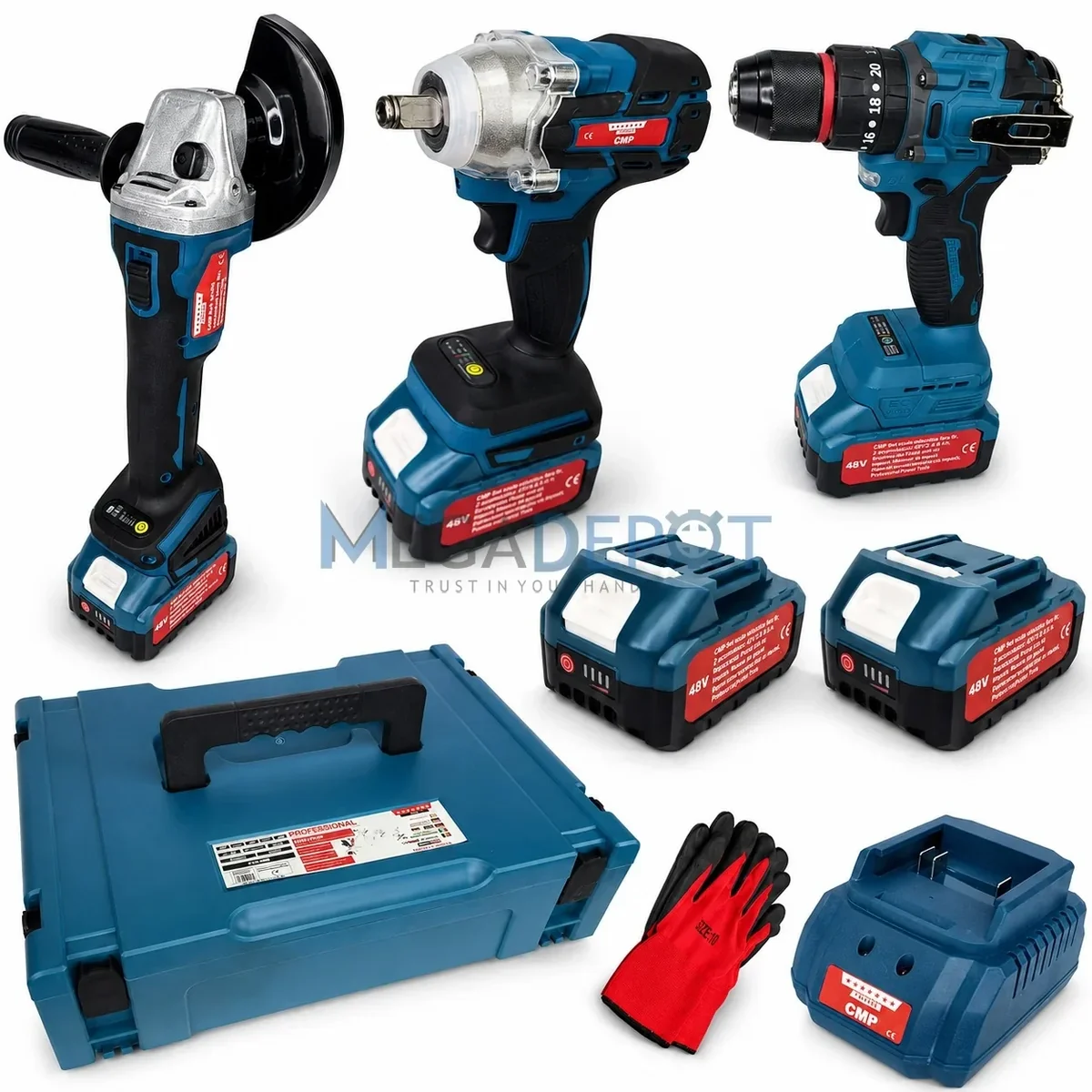 Set 3 scule cu 2 acumulatori 48v, Polizor Unghiular, Cheie impact, Masina de gaurit si insurubat Bormasina, manusi cadou Campion PROFESSIONAL CMP1849