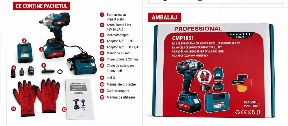 Masina de insurubat Cheie cu impact 48V 10Ah , cu 2 acumulatori si accesorii CAMPION PROFESSIONAL CMP1851