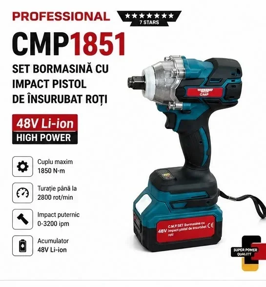 Masina de insurubat Cheie cu impact 48V 10Ah , cu 2 acumulatori si accesorii CAMPION PROFESSIONAL CMP1851