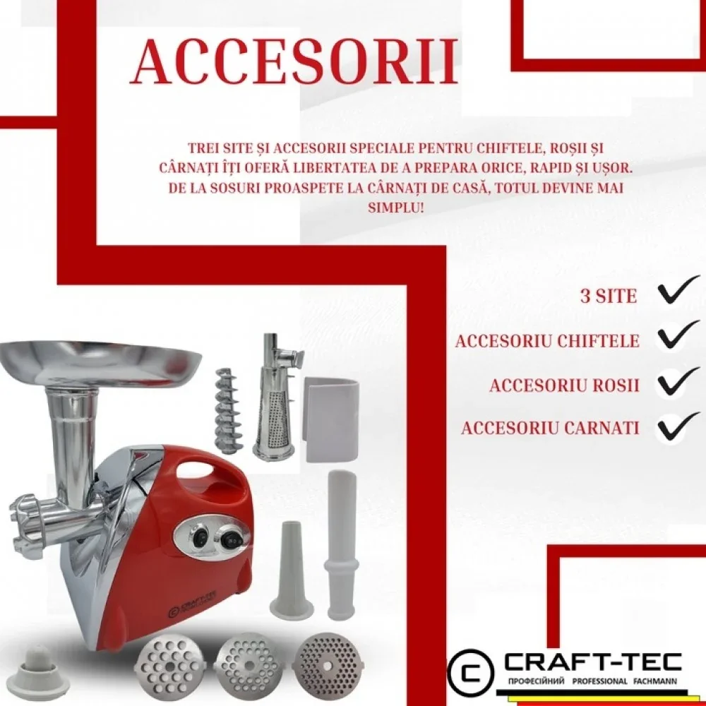 Masina electrica tocat carne Craft-Tec MX713, 3800W, 1.6 Kg/min, 3 site inox, functie Reverse, accesorii carnati, rosii, chiftele, 230V, 50Hz, clasa II, 30.5x25x25.3 cm, 3.3 kg, Rosie