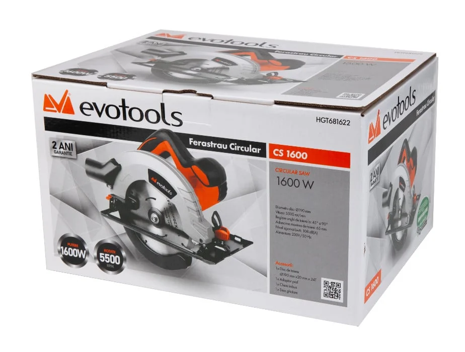 Fierăstrău Circular 1600W, Disc 185/190mm, Tăiere 45°, Evotools 681622