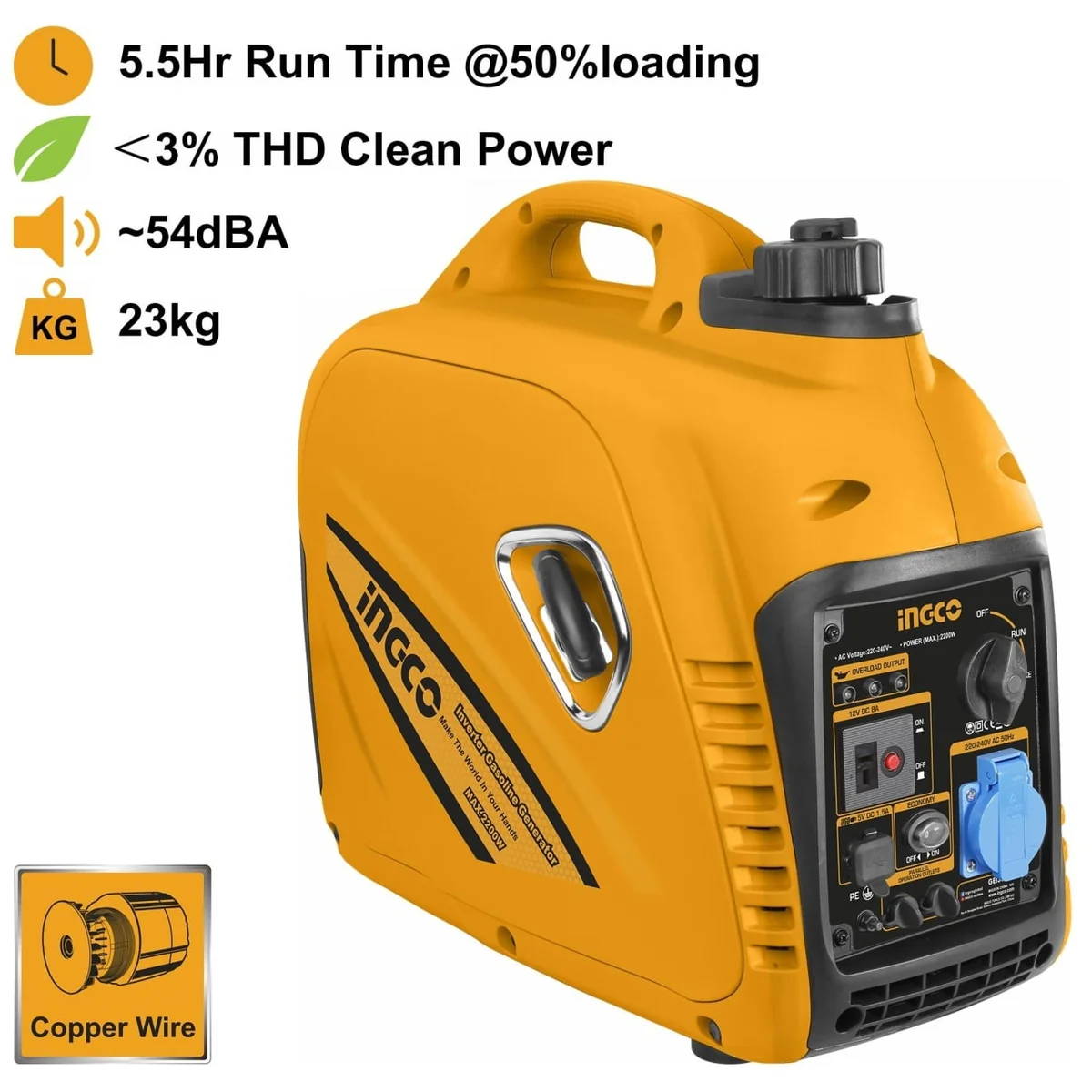 Generator Invertor Curent Silentios 2.2 kW 4 Timpi, 54 dB, 23 kg Ingco GEI30001