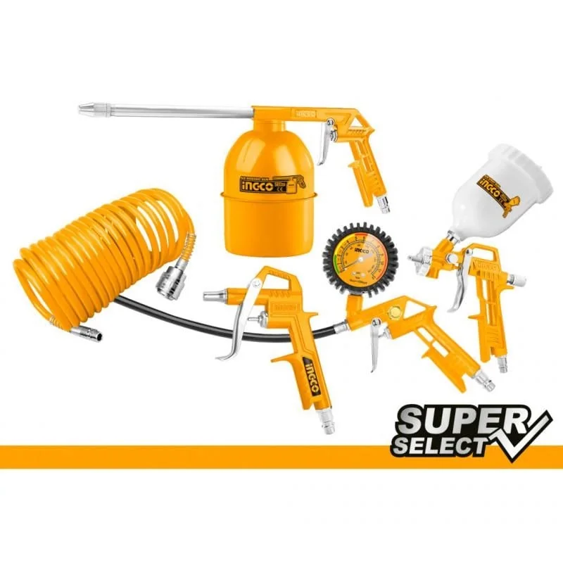 Set 5 Unelte Pneumatice: Furtun, Pistol De Vopsit, Spălat Și Suflat, INGCO AKT0053