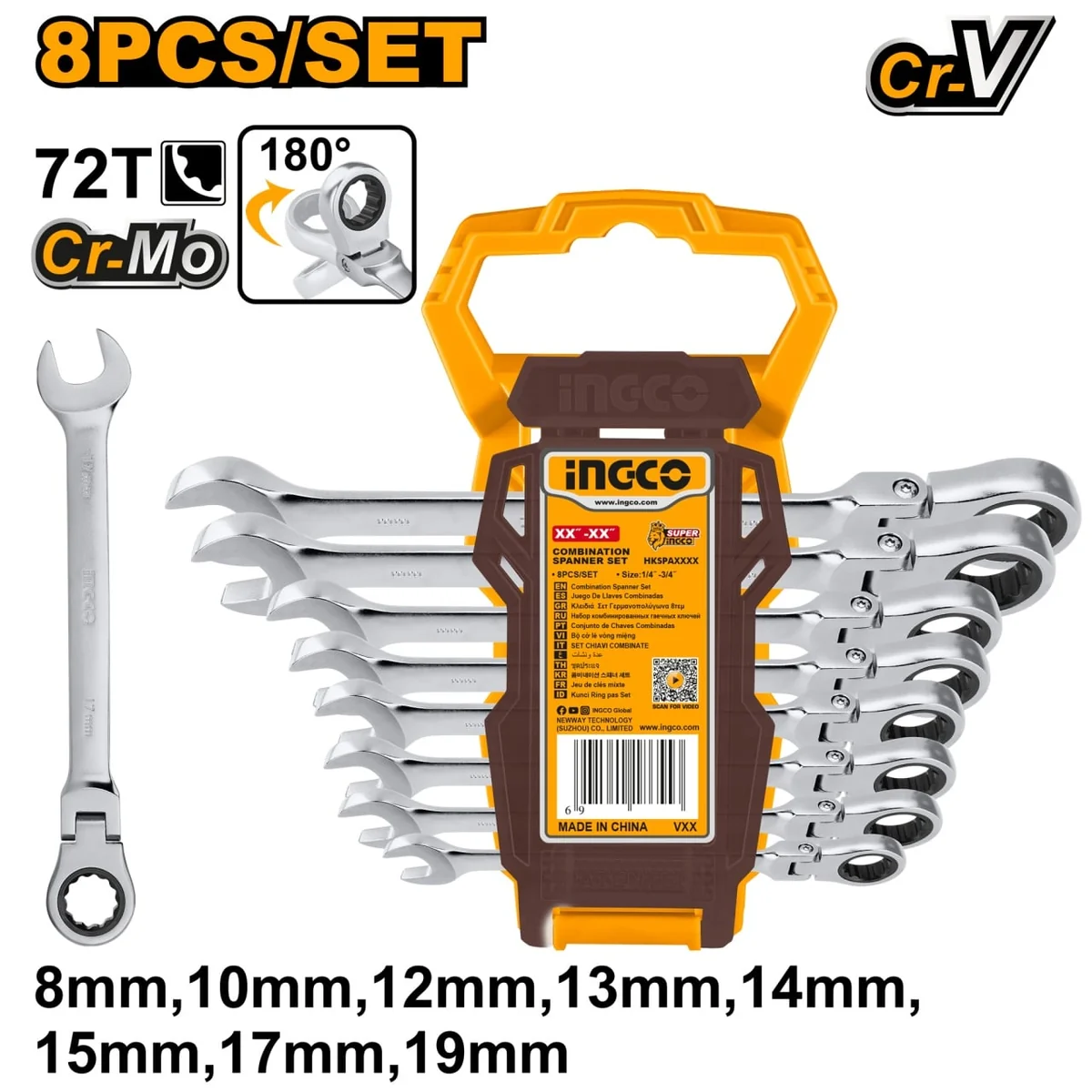 Set Trusa Chei Combinate Cu Clichet Cu Cap Flexibil 8-19mm 8 Buc, INGCO HKSPAR1083