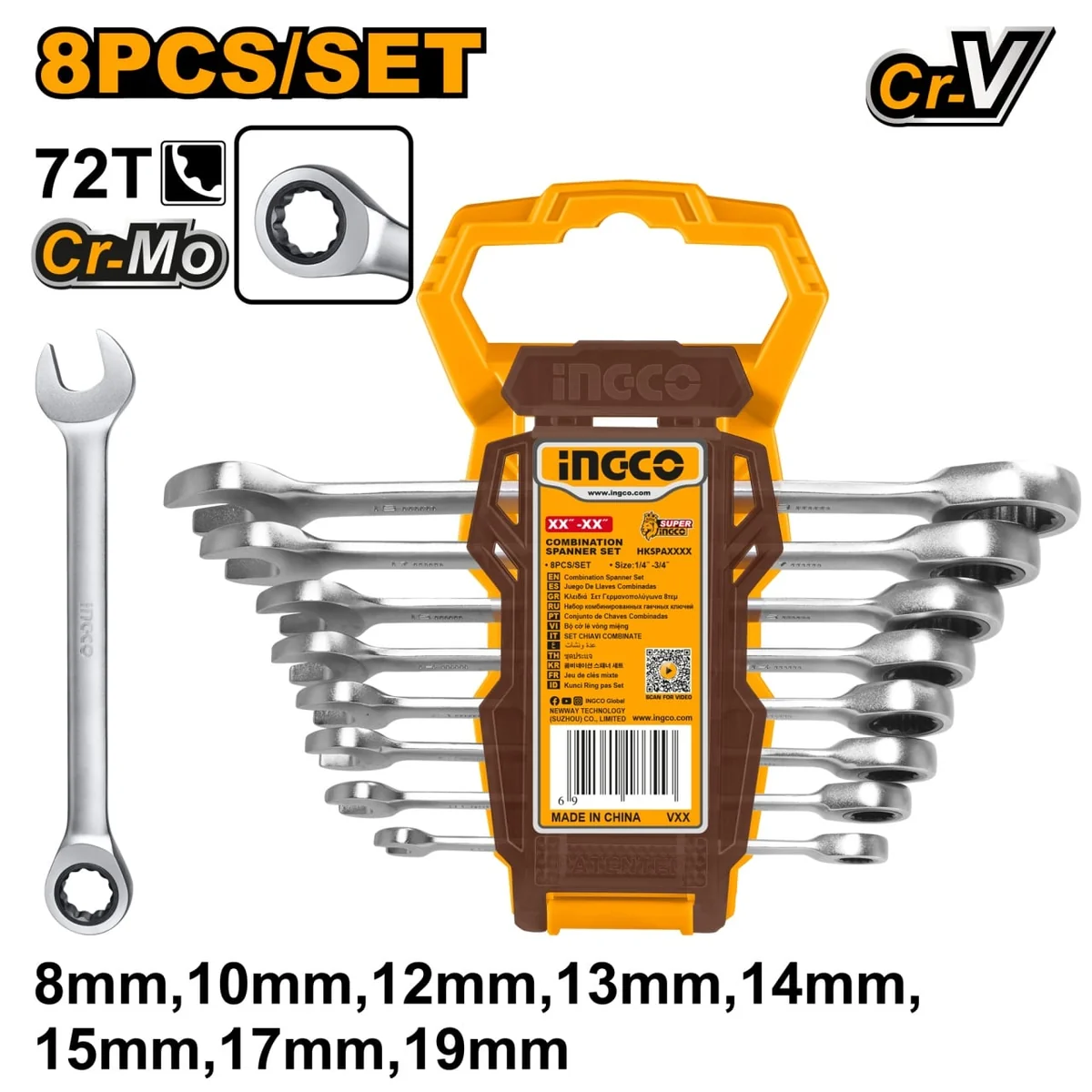 Set Trusa Chei Combinate Cu Clichet 8-19mm 8 Buc, Ingco HKSpar1082